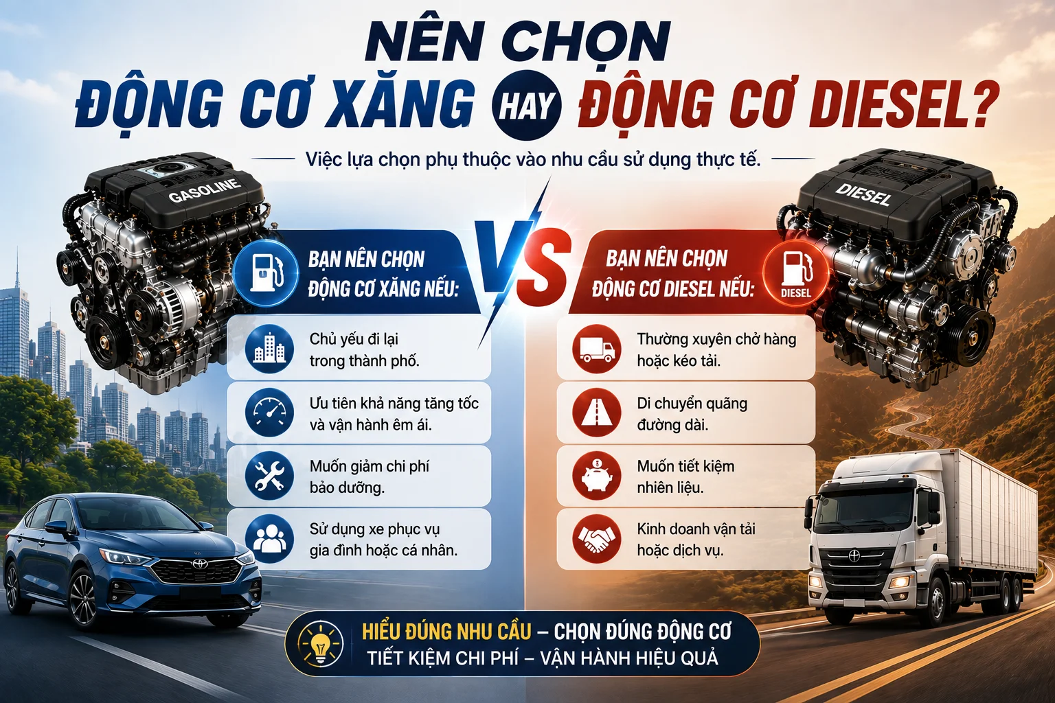 so sánh động cơ xăng và động cơ Diesel